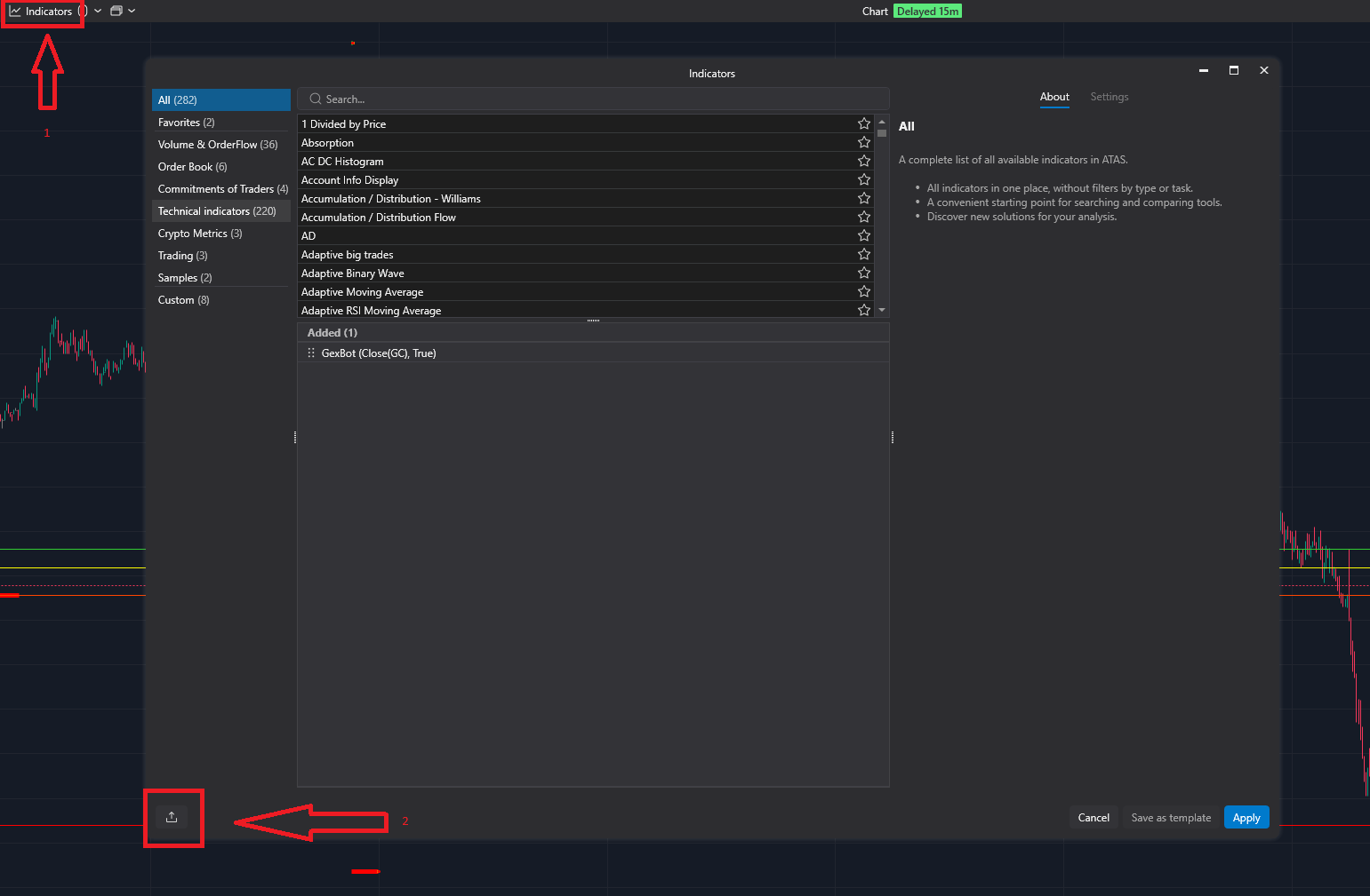 Opening the Indicators window and its import button in ATAS