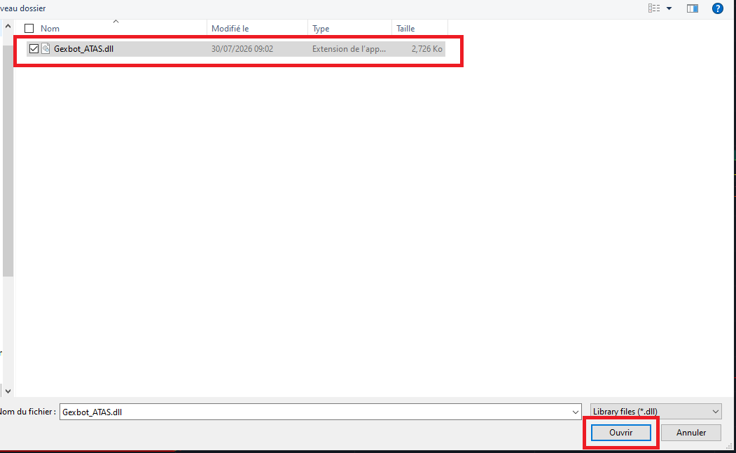 Selecting the Gexbot DLL file in the import dialog