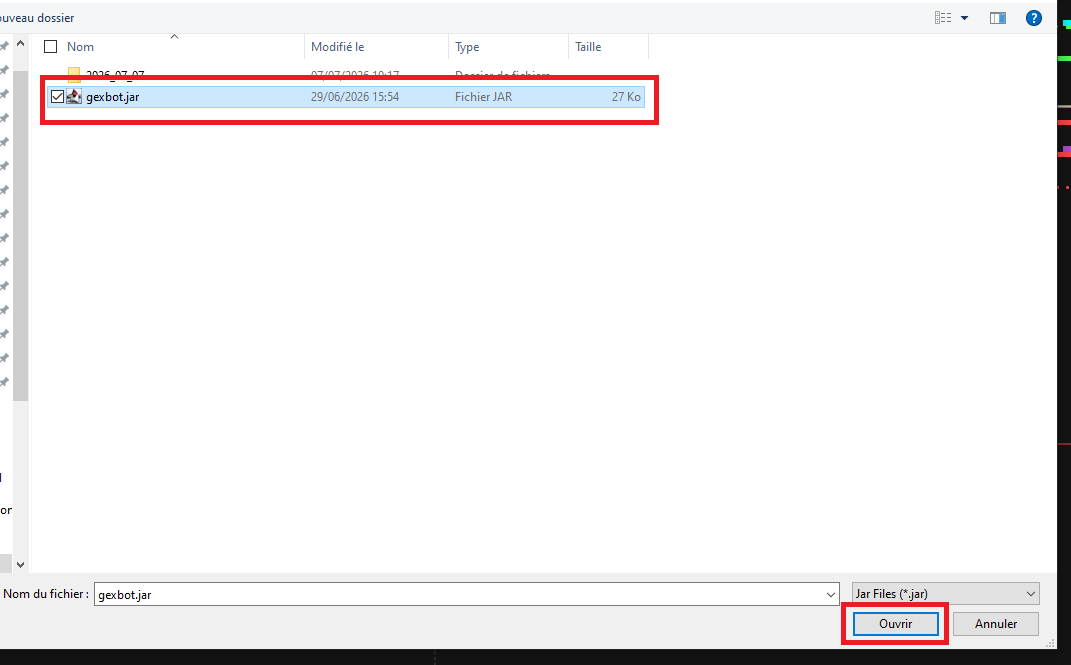 Selecting gexbot.jar and clicking Open