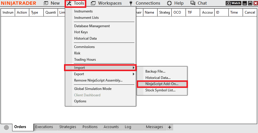 Tools → Import → NinjaScript Add-On menu in NinjaTrader