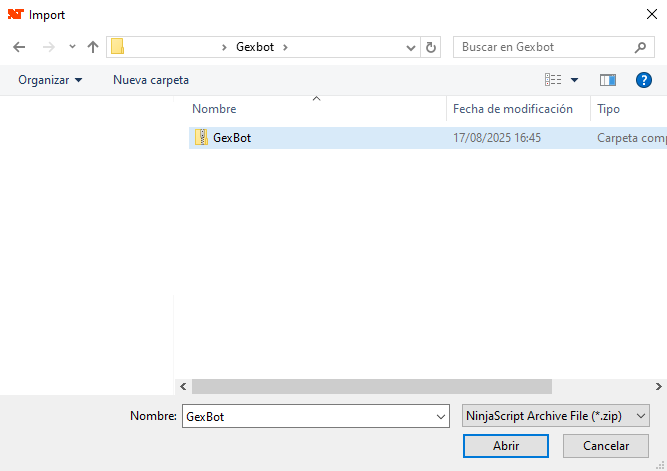 Selecting the GexBot .zip package in the import dialog